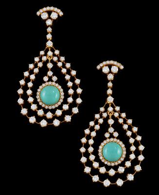 A pair of turquoise and brilliant ear pendants total weight c. 6 ct - Klenoty