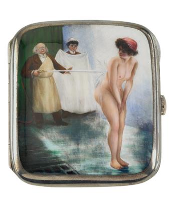 An enamel lidded box with an erotic scene - Klenoty
