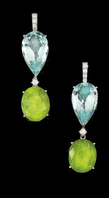 A pair of aquamarine and peridote pendant ear studs - Gioielli