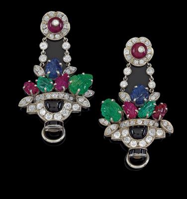 A pair of diamond and gemstone ear pendants - Klenoty