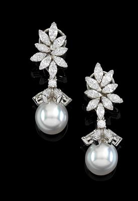 A pair of diamond and cultured South Sea pearl pendant ear clips - Jewellery