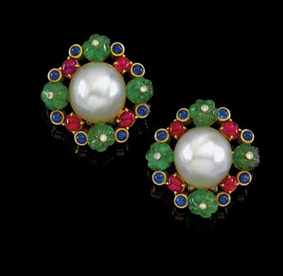 A pair of gemstone and cultured pearl ear clips - Jewellery