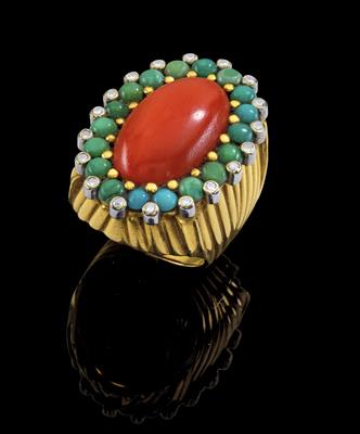 Paltscho – A coral, brilliant, and turquois ring - Klenoty