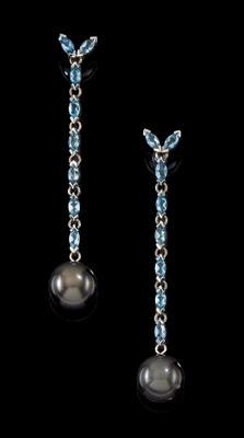 A pair of aquamarine and cultured pearl ear pendants - Klenoty