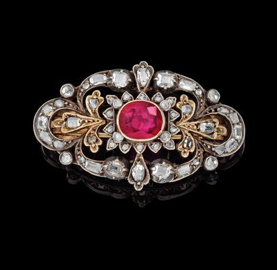 A diamond brooch with untreated Burma ruby c. 2 ct - Gioielli