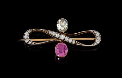 A diamond brooch with untreated pink sapphire c. 1.40 ct - Gioielli