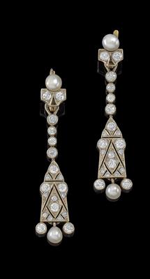 A pair of diamond and Oriental pearl pendant earrings - Klenoty