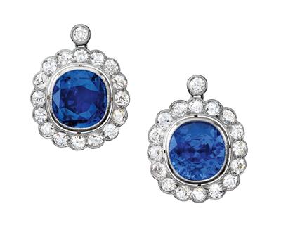 A pair of diamond ear pendants with untreated sapphires total weight c. 16 ct - Gioielli