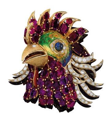 A Moroni ruby and brilliant brooch in the shape of a rooster - Jewellery