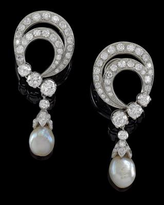 A pair of diamond, natural and cultured pearl pendant ear clips - Jewellery