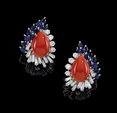 A pair of coral and sapphire ear clips - Jewellery