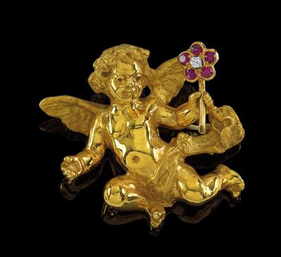 A Paltscho brilliant and ruby brooch in the shape of a putto - Gioielli