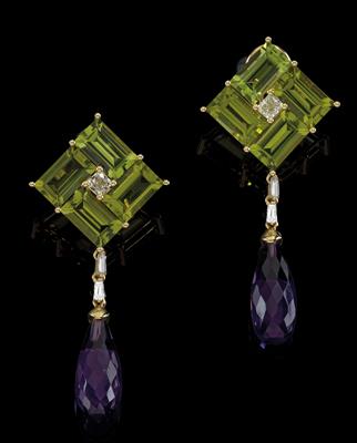 A pair of peridot and amethyst ear pendants - Klenoty