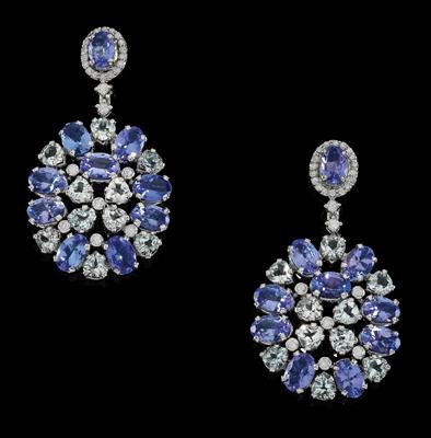 A pair of tanzanite and aquamarine ear pendants total weight c. 15 ct - Jewellery