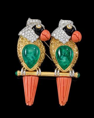 A brilliant, emerald and coral ‘parrots’ brooch by David Webb - Jewellery