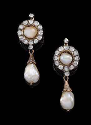 A pair of diamond and Oriental pearl ear pendants - Jewellery