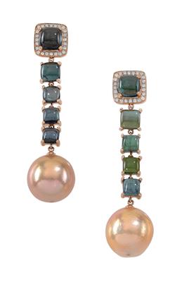 A pair of tourmaline and cultured pearl ear stud pendants - Gioielli