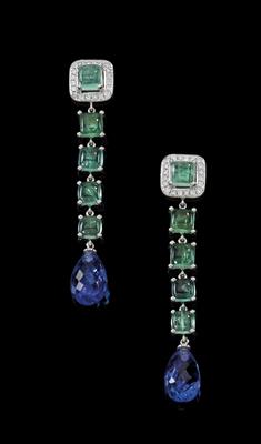A pair of tourmaline and tanzanite ear stud pendants, total weight c. 10 ct - Gioielli