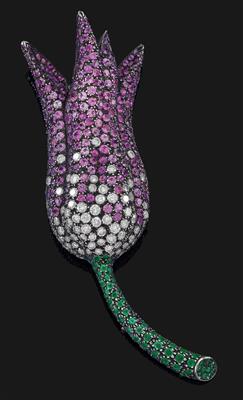 Brillant Smaragd Saphir Blütenbrosche - Juwelen