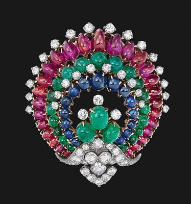 A Bulgari brilliant and coloured stone brooch - Klenoty