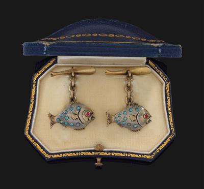 A pair of opal and ruby cufflinks in the shape of fish - Klenoty
