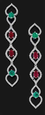 A pair of tourmaline and emerald ear pendants - Jewellery