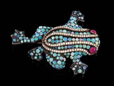 An octagonal diamond, ruby and opal frog brooch - Klenoty