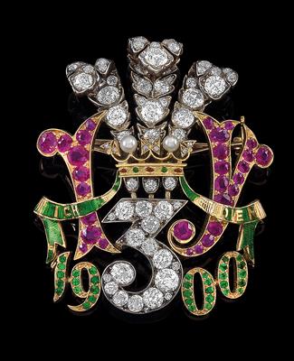 An old-cut diamond and coloured stone pendant with Prince of Wales emblem - Jewellery