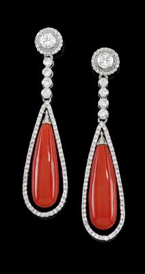 A pair of brilliant and coral ear stud pendants - Klenoty