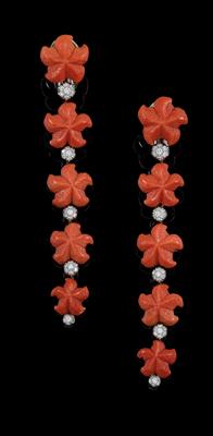 A pair of Chantecler brilliant and coral ear pendants - Jewellery