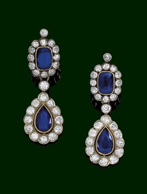 A pair of old-cut brilliant and sapphire pendant ear clips - Klenoty