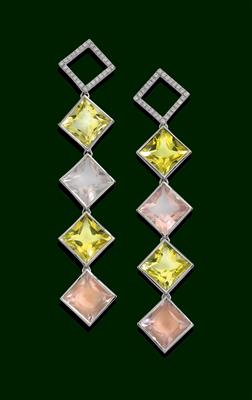 A pair of citrine and rose quartz ear pendants - Klenoty