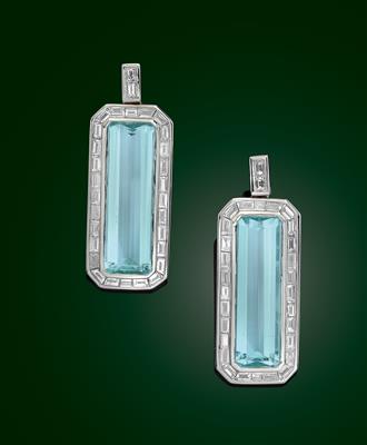 A pair of diamond and aquamarine ear pendants - Jewellery