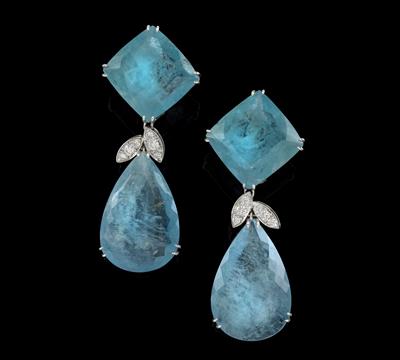 A pair of brilliant and aquamarine pendant ear clips - Gioielli