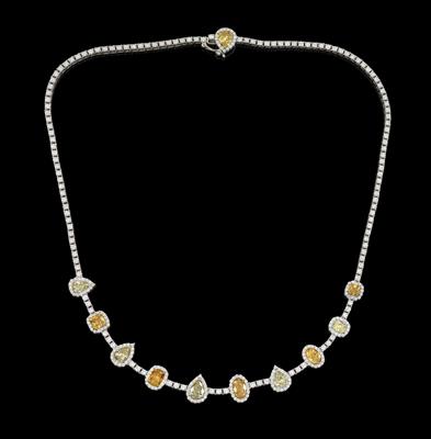 A brilliant necklace with partly Natural Fancy Intense Orange and Yellow diamonds total weight c. 12 ct - Klenoty