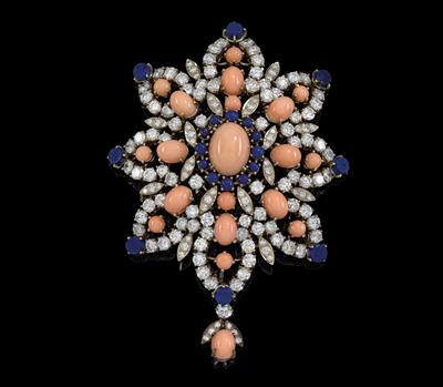A coral, brilliant and lapis lazuli pendant - Jewellery