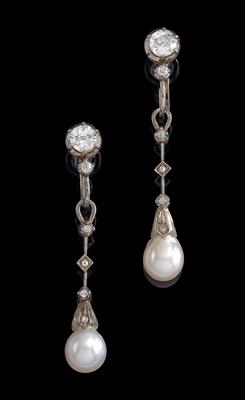 A pair of old-cut diamond and cultured pearl ear pendants - Klenoty