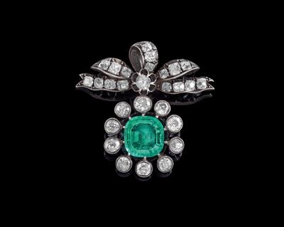 An old-cut diamond and emerald brooch - Jewellery