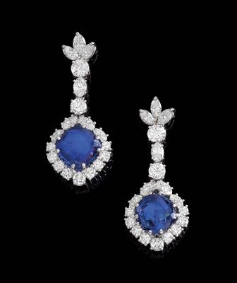 A pair of diamond ear pendants with untreated sapphires total weight c. 8 ct - Jewellery