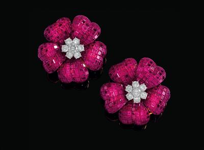 A pair of ‘blossom’ ruby ear clips total weight c. 40 ct - Jewellery