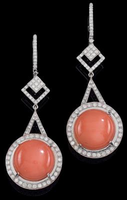 A pair of brilliant and coral ear pendants - Klenoty