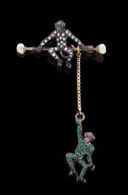 A diamond and gemstone brooch in the shape of apes - Jewellery