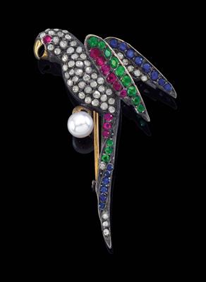 A diamond and gemstone brooch in the shape of a parrot - Gioielli