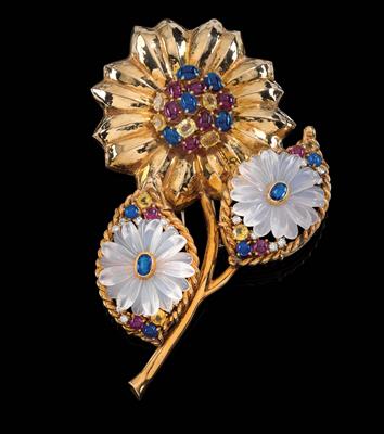 A gemstone and rock crystal floral brooch by F. Moroni - Klenoty