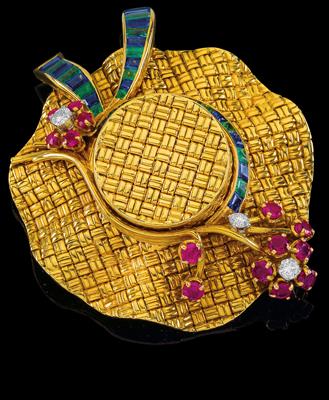 A brilliant and coloured stone brooch by Gübelin in the shape of a hat - Klenoty