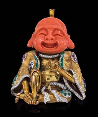 A “Happy Buddha” coral and diamond pendant - Jewellery