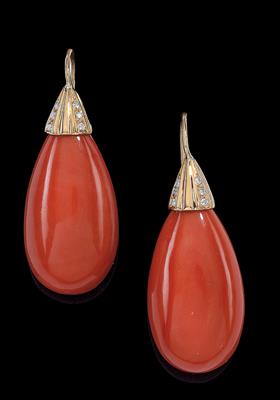 A pair of brilliant and coral ear pendants - Klenoty