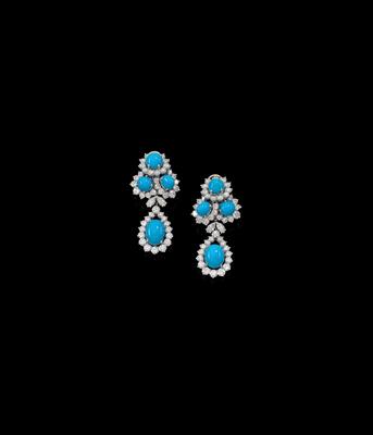 A pair of diamond ear clips with treated turquoises - Klenoty