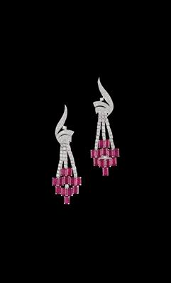 A pair of brilliant and ruby pendant ear clips - Jewellery