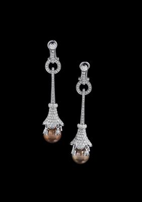 A pair of brilliant and South Sea cultured pearl pendant ear clips - Gioielli